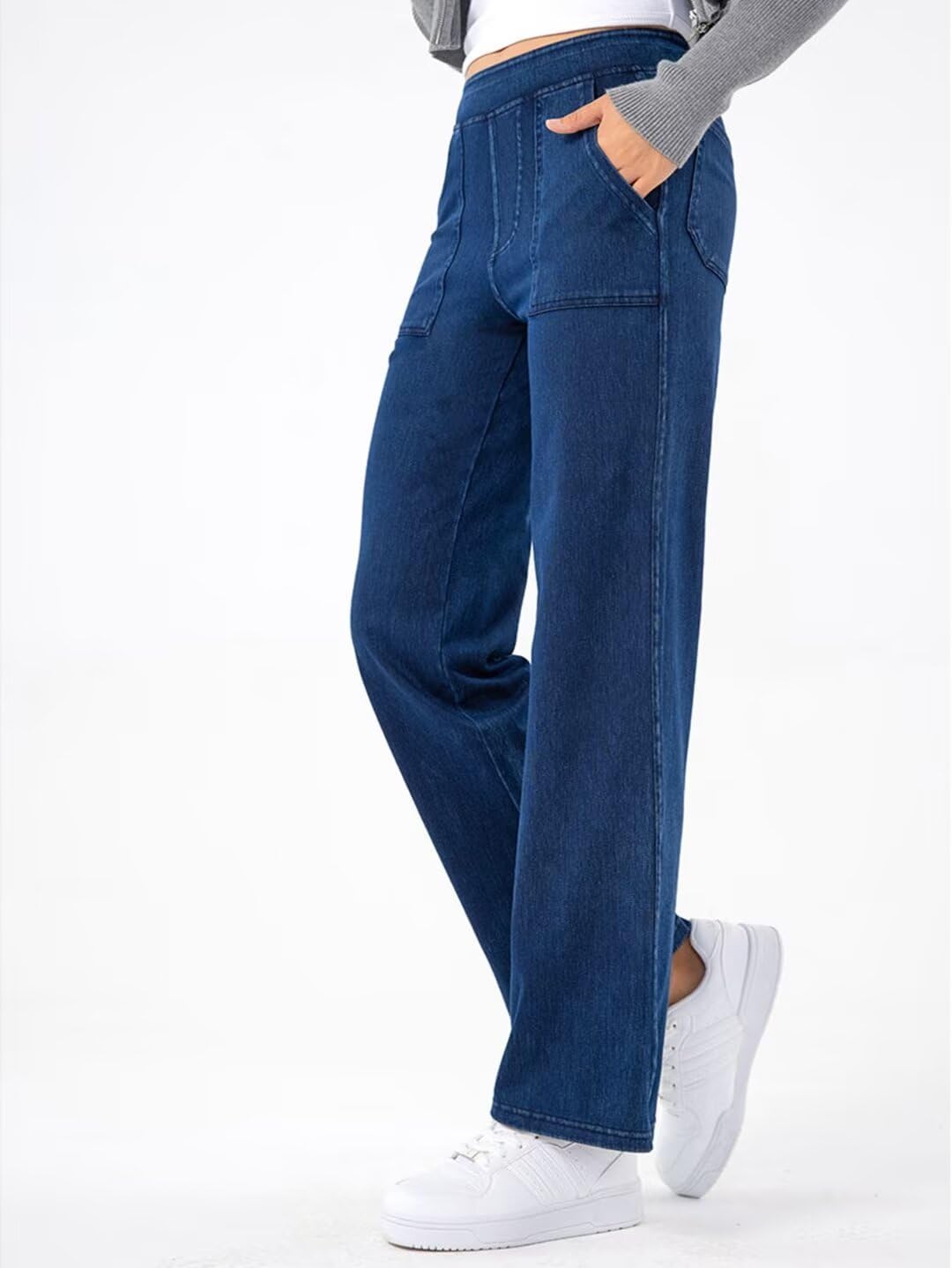 Mid Waisted Straight Leg Pull On Jeans for Women Denim Pants with Pockets Stretchy - Image 5