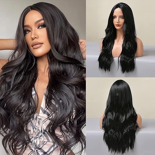 Miniatura 5 de HAIRCUBE Pelucas largas negras para mujer, peluca sintética larga y rizada, parte media, pelucas de fibra resistente al calor, 24 pulgadas
