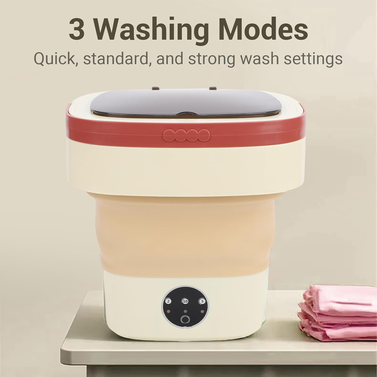 Portable Washing Machine, 8L Foldable Washer with 3 Cleaning Modes and Drain Basket, Small Foldable Laundry Machine for Underwear, Baby Clothes, for Apartments, RV, Travel (Khaki)