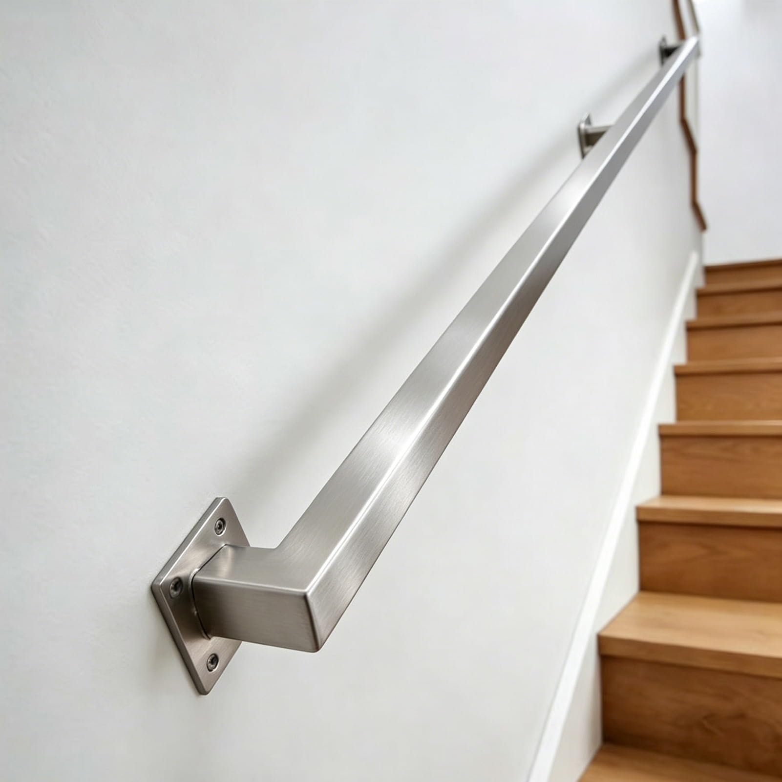 Industrial Stairs Handrail Kit - 1FT-20FT Stainless Steel Banister Square Tube Wall Mount Grab Bar - Silver Safety Sturdy Grab Rail for Home Office Public Staircase Support(15ft/4.5m)