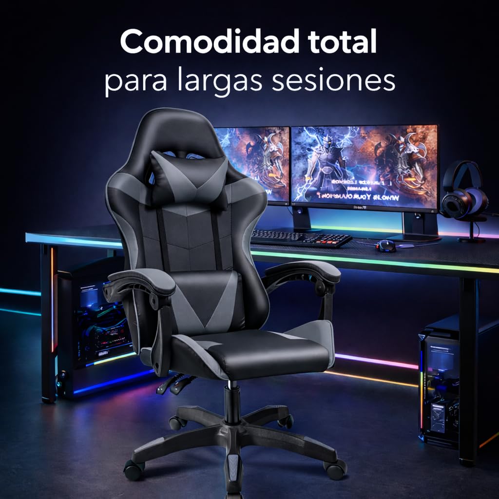 Silla Gaming Ergonómica Reclinable con Cojín Lumbar y Cervical | Altura Ajustable, Reposabrazos Acolchados, Ruedas 360° | Ideal para Oficina, Escritorio, Teletrabajo, Estudio, Juego, Ordenador — view 4