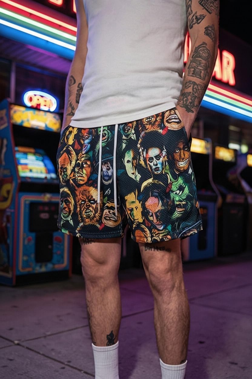 Men's Mesh Basketball Shorts Graphic Print Loose Fit Retro Streetwear Quick Dry Athletic Shorts with Pockets