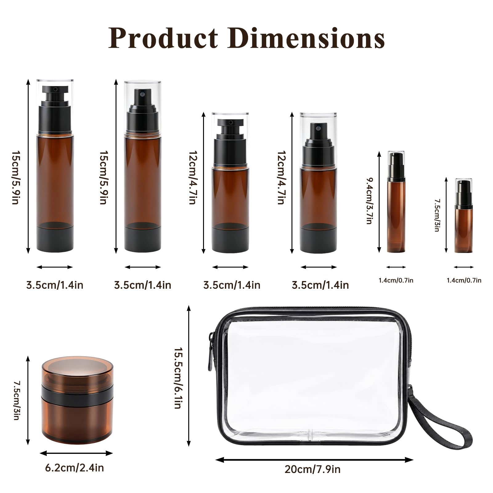 Set di 34 barattoli Airless con pompa, 48,2/28,3/19,8/9,64 g, contenitori ricaricabili da viaggio, a prova di perdite, per prodotti da toeletta per la cura della pelle e creme, lozioni, crema