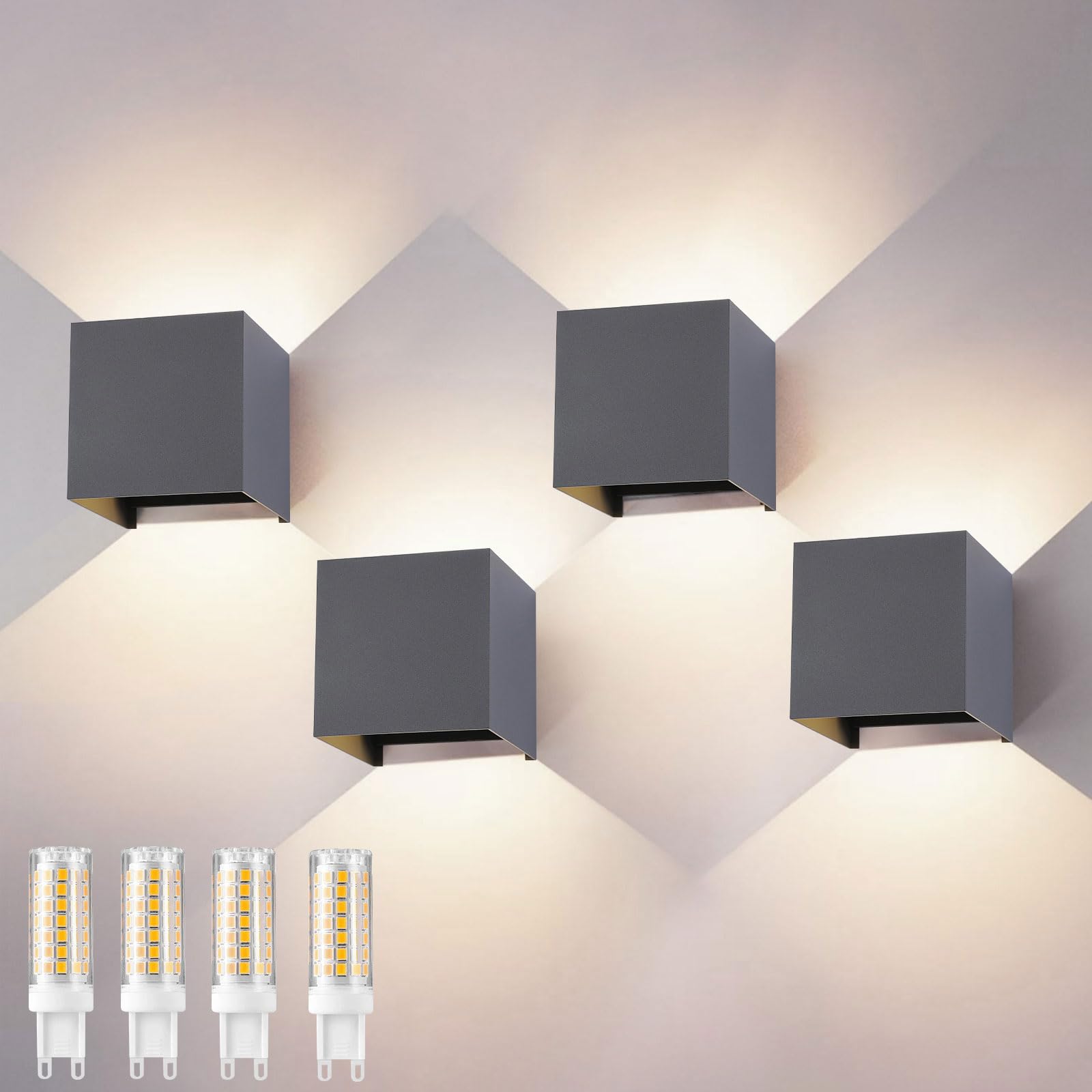 Applique da Parete Interno Esterno 4Pezzi,9W 4000K,Grigio scuro | Lampada moderna luce bianco neutro IP65 impermeabile, regolabile 0-120 gradi per corridoio camera da letto bagno.