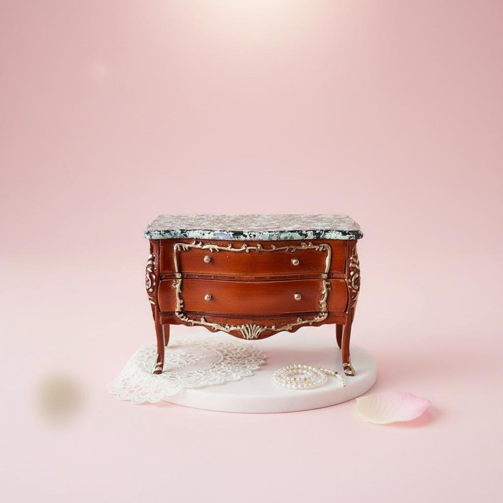 Mini Armoire Cabinet Miniature Commode Meuble Poupée Rangement avec Deux Tiroirs Sculptés Style Régence Jambes Courbes Convient aux Salons et Chambres Miniatures, Blanc