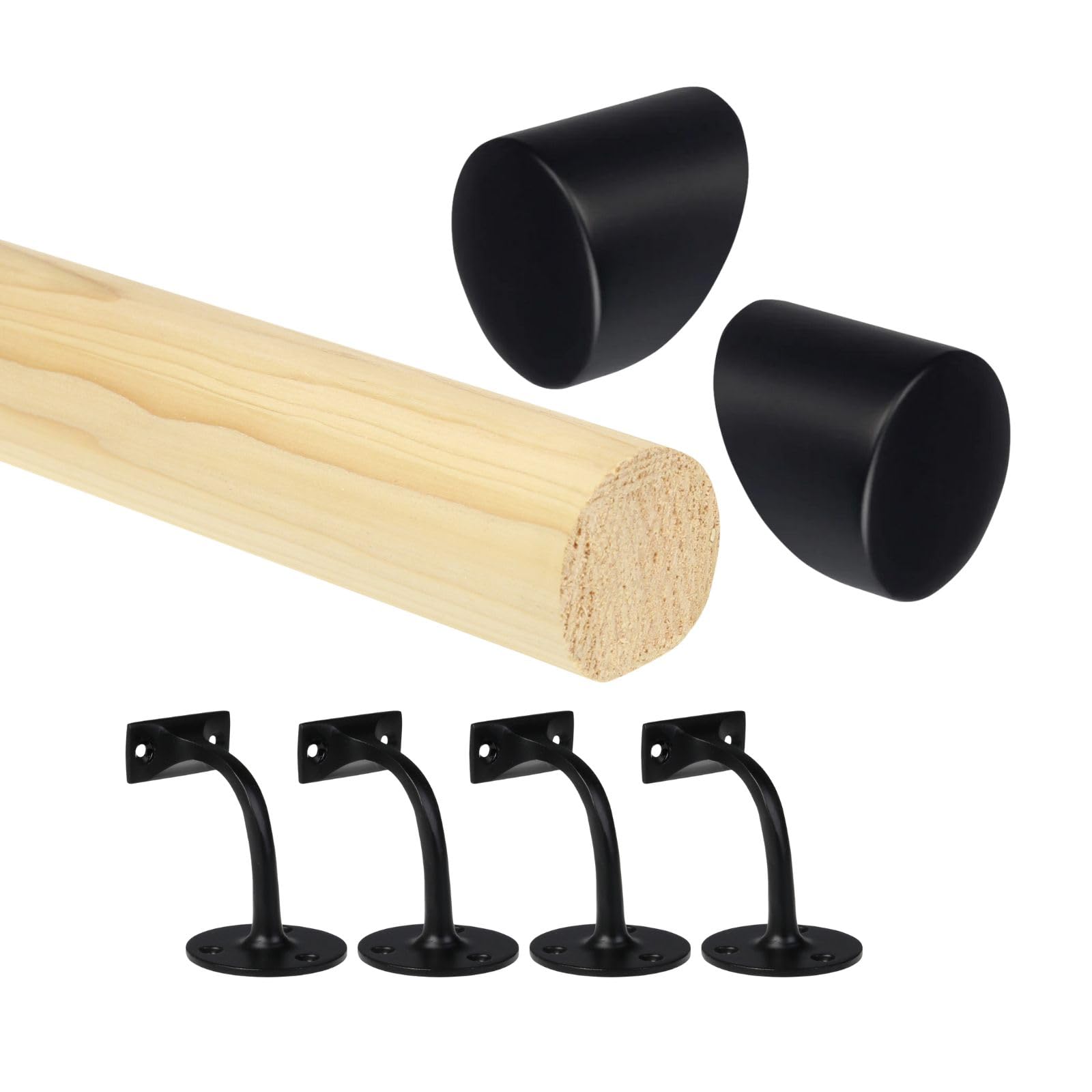 Pine Round Mopstick Handrail Kit with Wall Brackets & End Caps – 1200–4200mm, Chrome/Black/Nickel/Brass (Black, 3600mm)