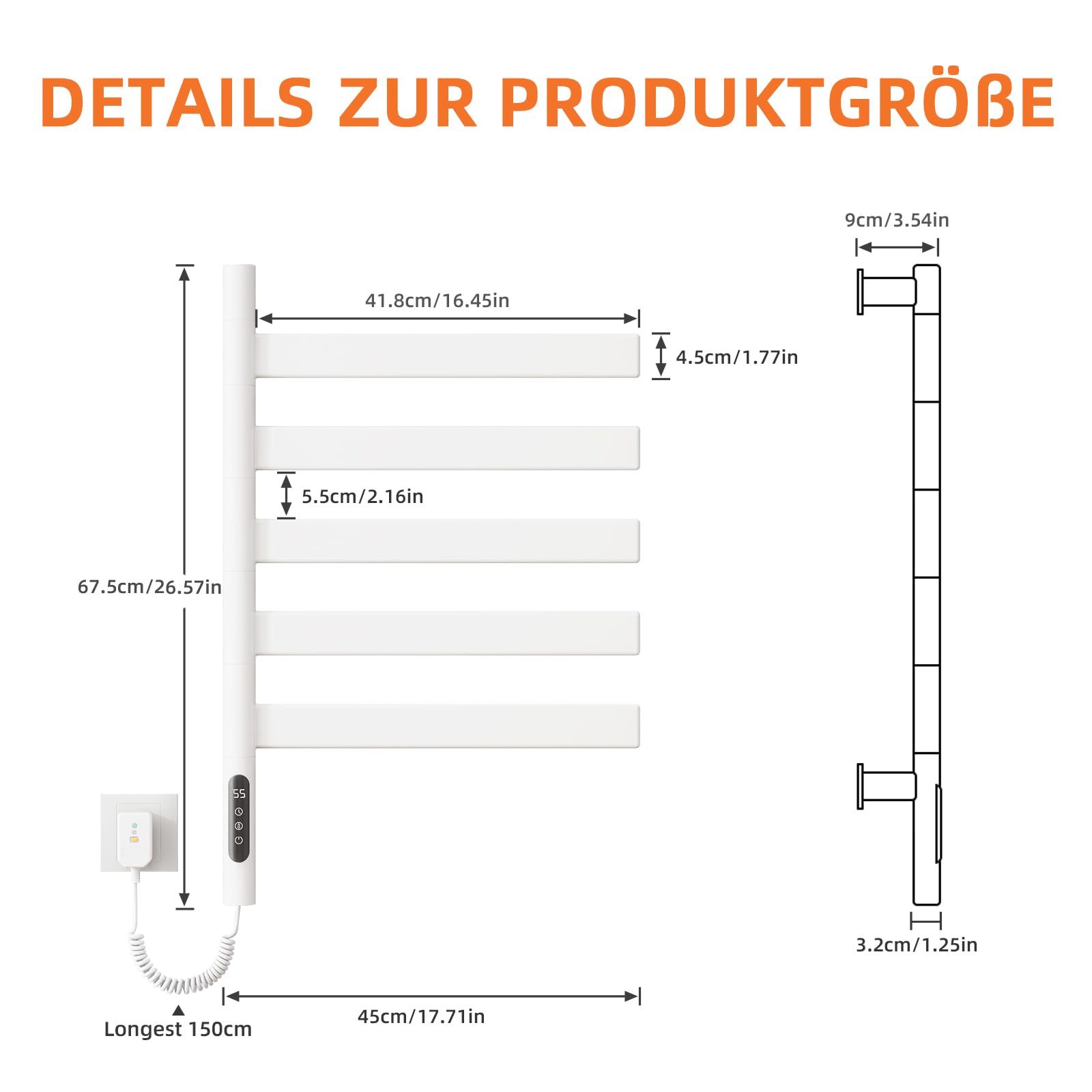 ZOYI Secador de toallas eléctrico para baño con rotación de 180°, calentador de toallas eléctrico, radiador eléctrico para baño, toallero eléctrico, 220V (Blanco, 5 polos)