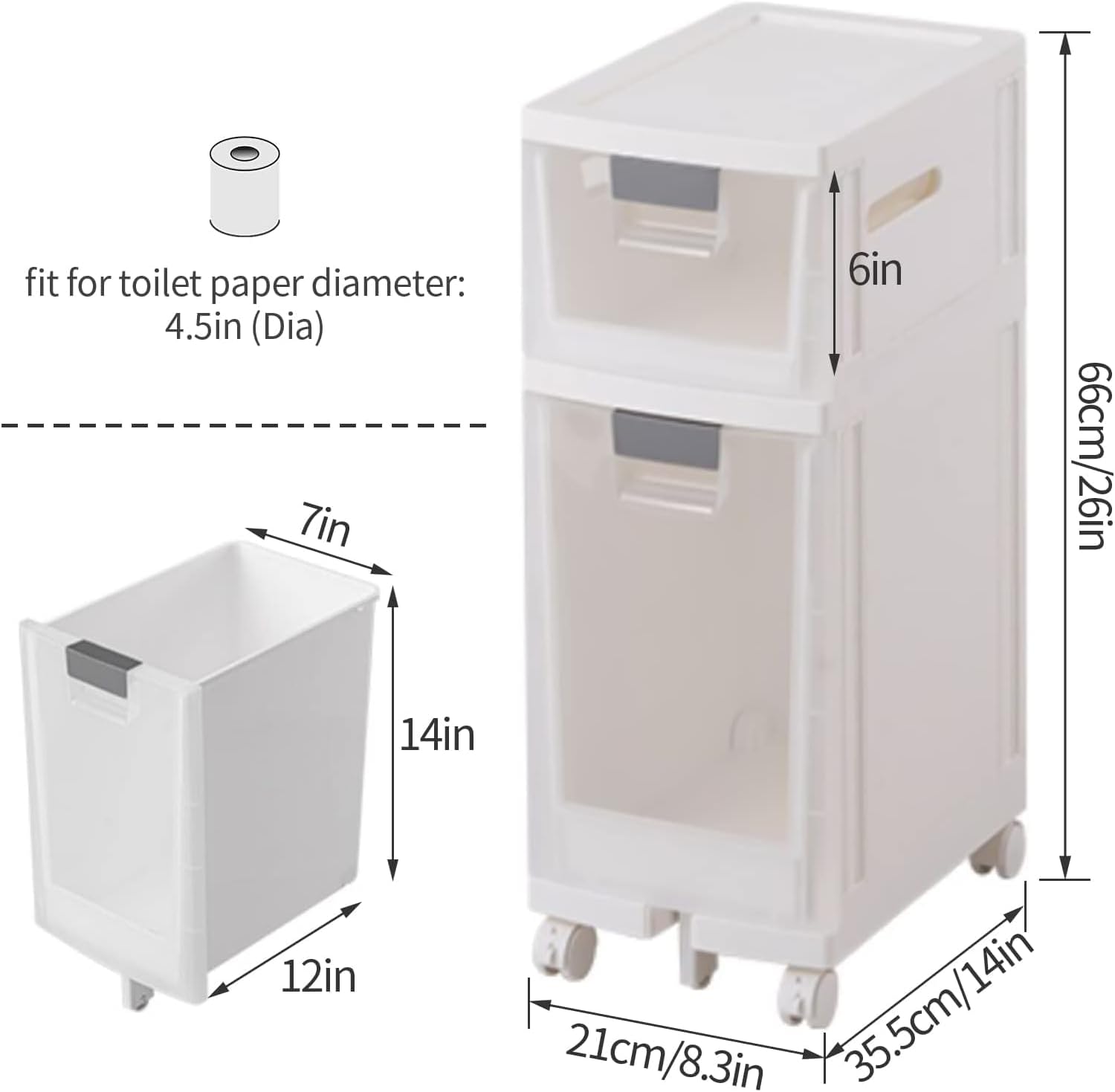 2/3/4-Tiers Bathroom Floor Storage Cabinet, Slim Toilet Storage Cabinet Storage Tower with Plastic Drawers and Casters, Toilet Paper Storage for Bathroom, Bedroom, Entryway (White) ()