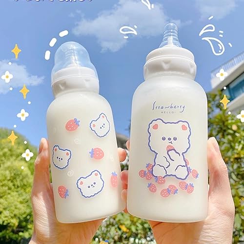 Miniatura 3 de JHTPSLR Botella de agua de vidrio con pezón con pezón de 11 onzas, botella de agua Kawaii para adultos, escuela, deportes, oficina, bonita botella