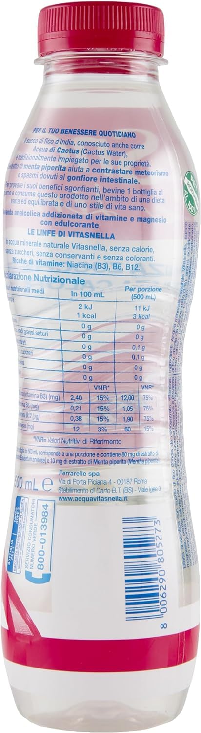 Vitasnella Le Linfe Acqua Minerale Naturale Sgonfiante con Acqua di Cactus e Menta Piperita e Vitamine B3, B6, B12 e Magnesio 500ml [CAIYA® BOX da 12 Bottiglie]