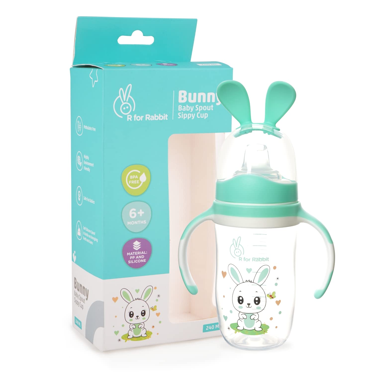 R for Rabbit Bunny Baby Spout Sippy Cup 240 ML Bottle, Soft Silicon PP Spout Sipper for Kids Age of 6 + Months - Green