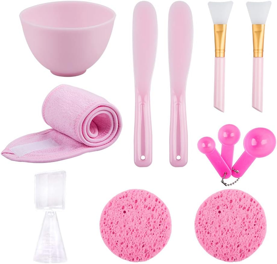 Sonku Facemask Mixing Bowl Set, Silicone DIY Face Mask Tool Kit with Facial Mask Bowl,Silicone Brush,Spatula,Measuring Spoons,Measuring Cup,Sponge,Makeup Headband-Pink