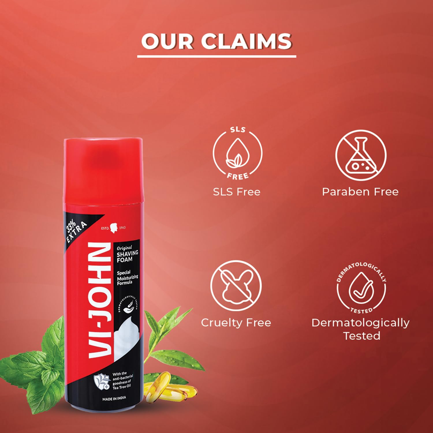 VI-JOHN Red Shaving Foam with Vitamin E and Tea Tree Oil, 401GM, With Special Moisturising Formula 3