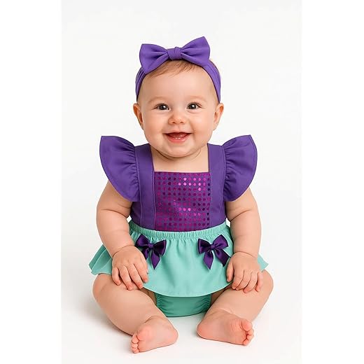 Romper Sereia bebê menina acompanha tiara com trança e estrela.