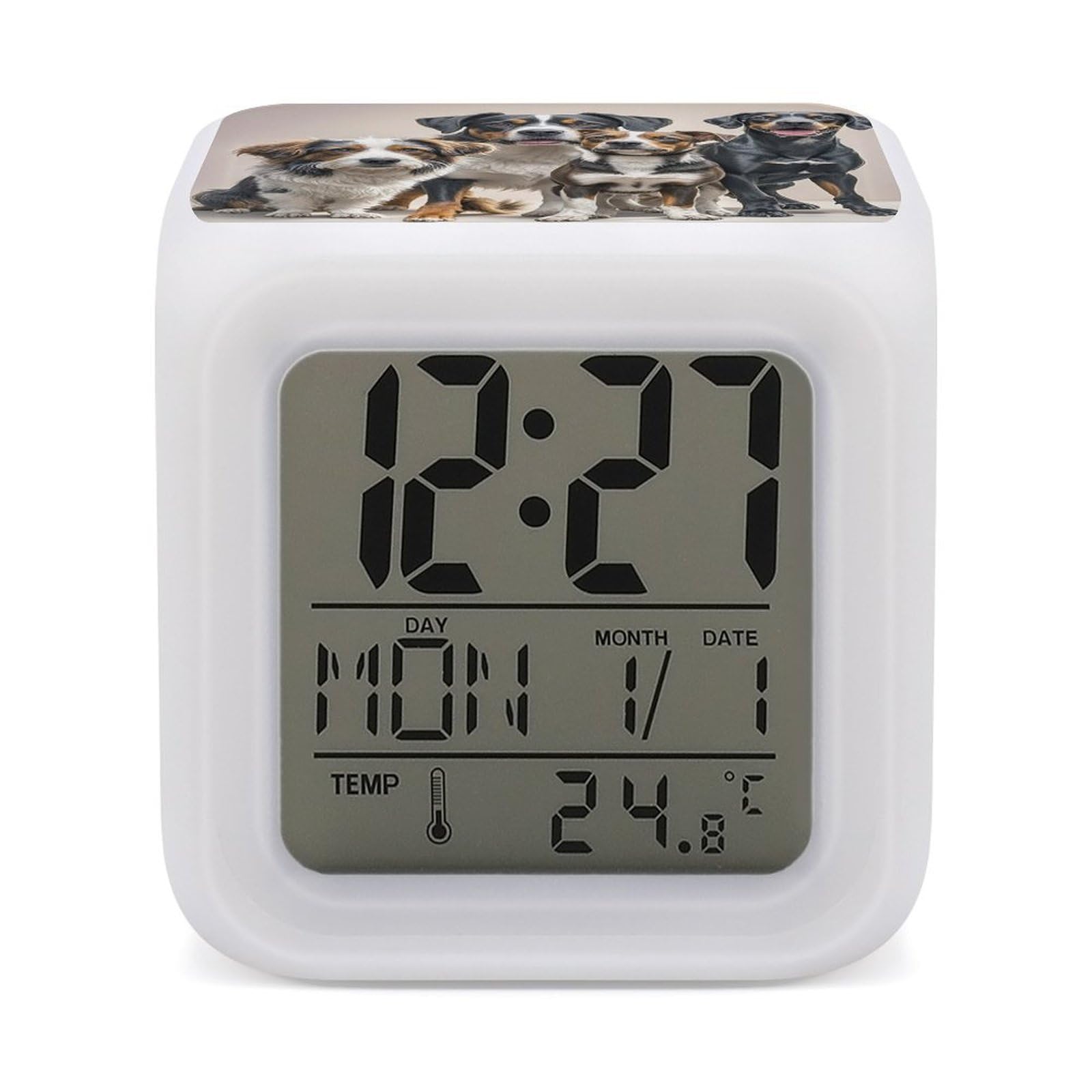 LZQPOEAS Dogs Alarm Clock Desk Clock with 7 Color Changing Night Light Digital Clocks with Temperature Display Sleep Training and Sound Machine for Heavy Sleeper