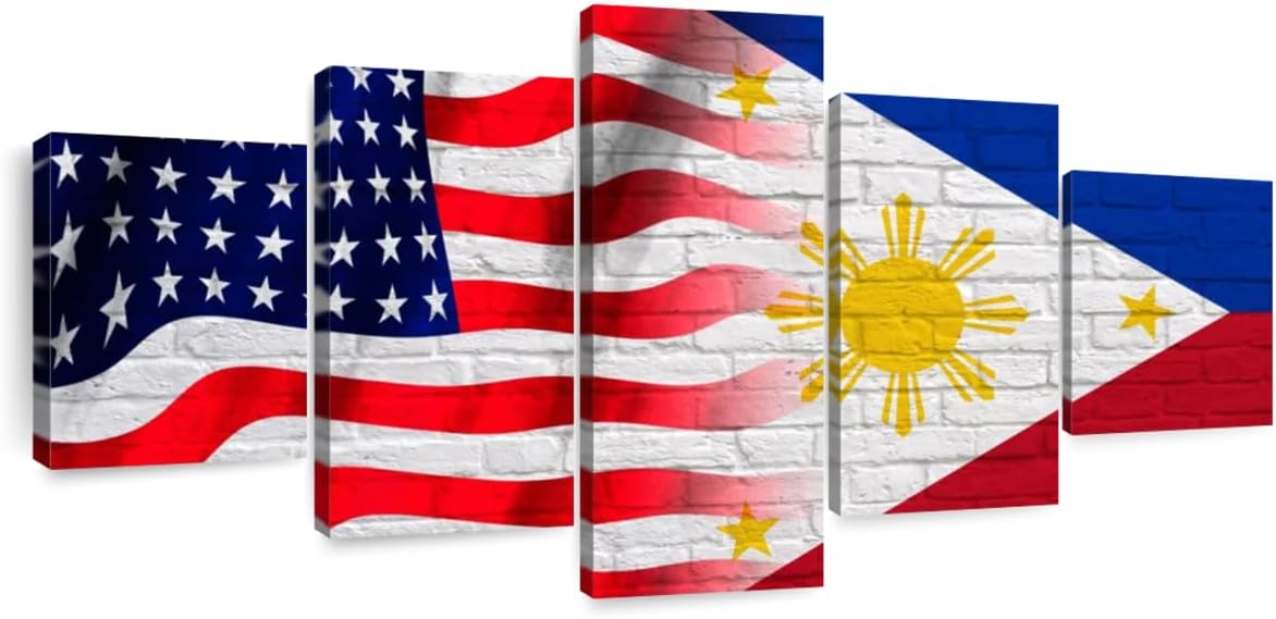 Elephant Stock - Usa And Philippines Flag Wall Art - Horizontal Multi Panel Canvas - 5 Piece Living Room Wall Decor - Digital Art Flags Multi Piece Wall Art - Red And Blue Decor - 55" x 24"