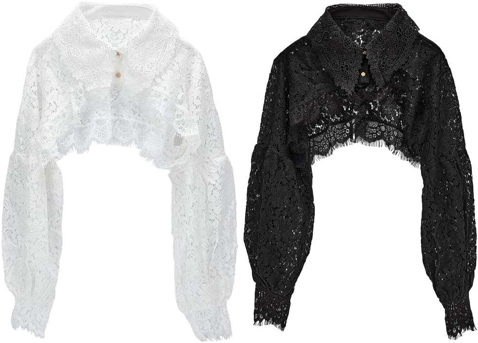 PLIGREAT 2 Colors Fake Collar Detachable Dickey Blouse Elegant Lace Half Shirt Blouse Long Lantern Sleeve False Collar Crop Top for Women Ladies Dresses, Black and White