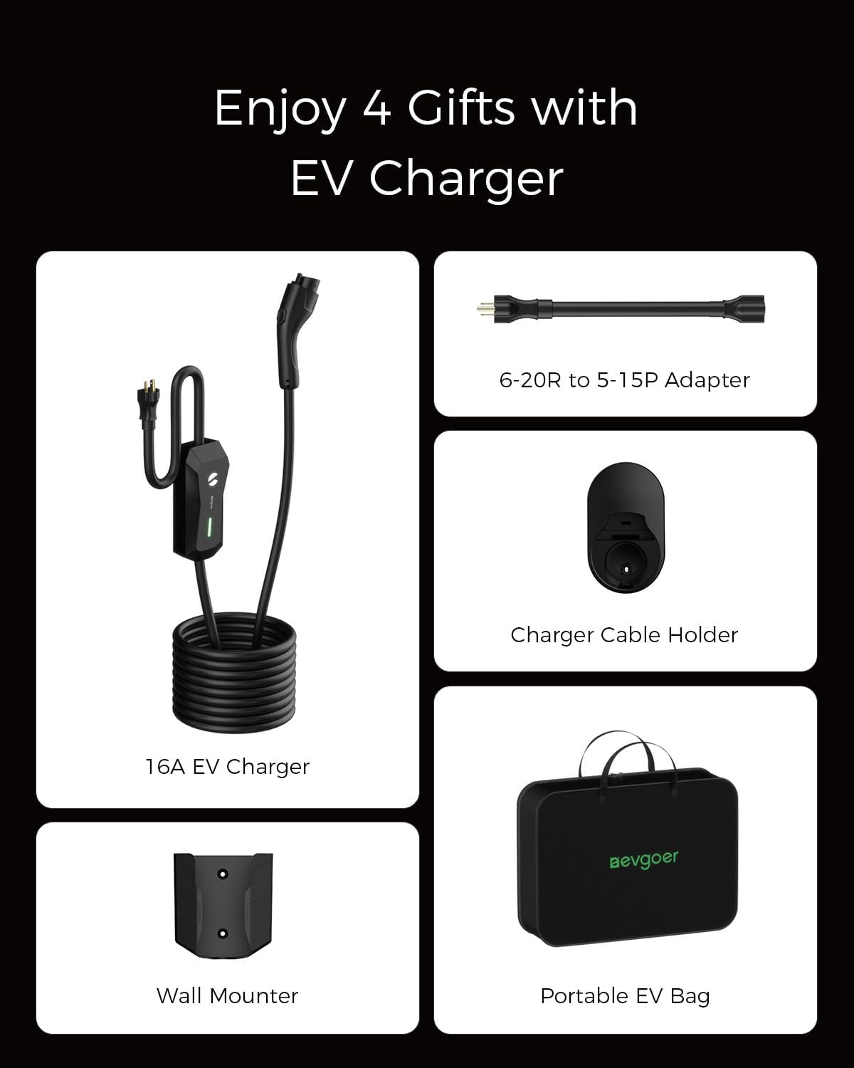 Level 1 EV Charger, 16A 110V 240V Portable EV Charger with 25FT Cable, Home Electric Vehicle Charging Station with NEMA 6-20 Plug NEMA 5-15 Adapter EVSE for All J1772 EVs