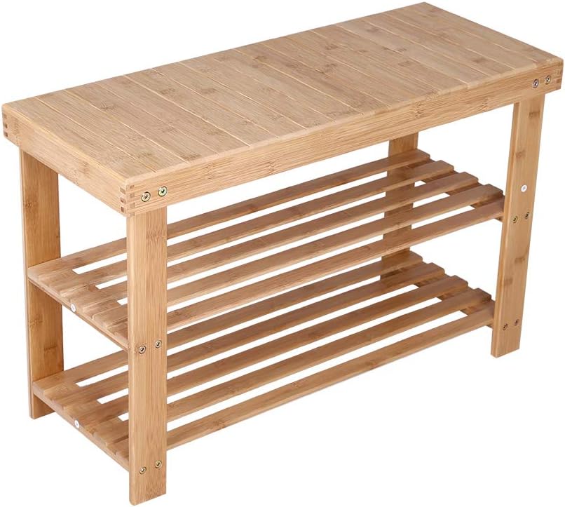 KKTONER Bamboo Shoe Rack Bench 3 Tier Entryway Seat Shoe Organizer Storage Shelf Natural Color