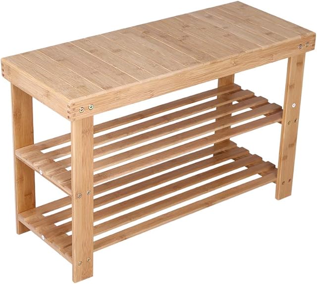 KKTONER Bamboo Shoe Rack Bench 3 Tier Entryway Seat Shoe Organizer Storage Shelf (Yellow)