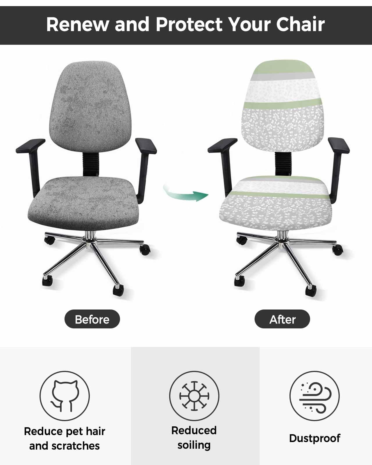 Sage Green Gray 2 Pieces Computer Office Chair Covers Set,Stretchable Desk Rotating Chair Seat Cushion Slipcover Back Covers,Country White Leaves Abstract Stripes Slipcover Back Cover,Protectors Cover