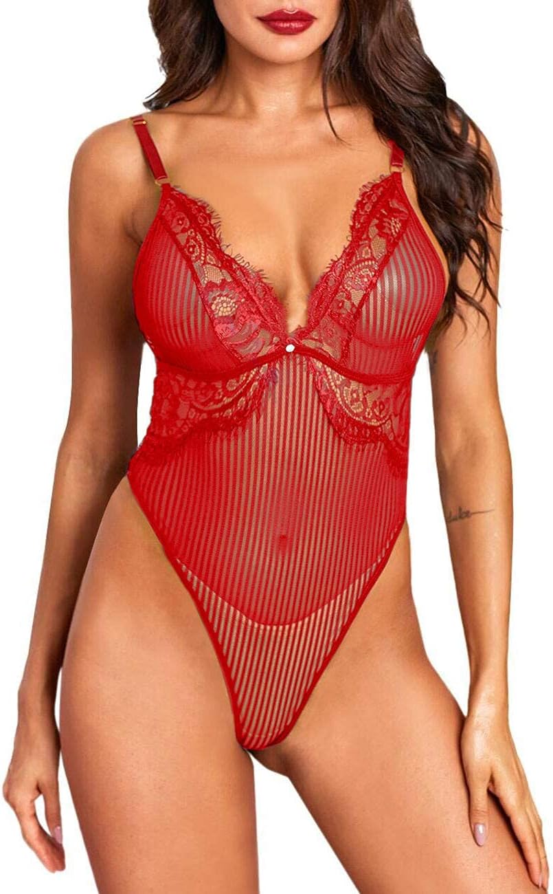 XAKALAKA Women Lace Bodysuit Snap Crotch Lingerie Deep V Teddy One Piece Babydoll Clubwear