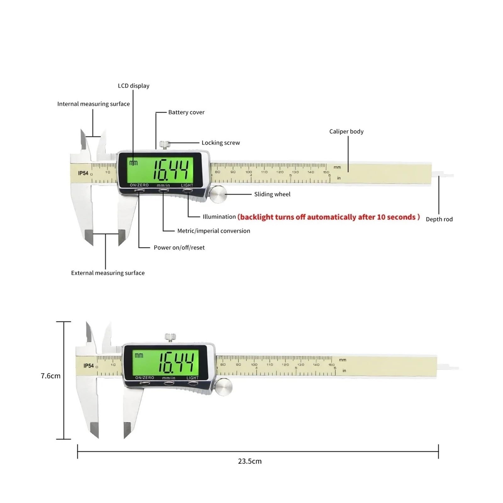 Digitaler Messschieber mit Hintergrundbeleuchtung, 0–6 Zoll/0–150 mm, elektronischer Messschieber, Messwerkzeug, digitaler Mikrometer mit großem LCD-Bildschirm(0-150mm)