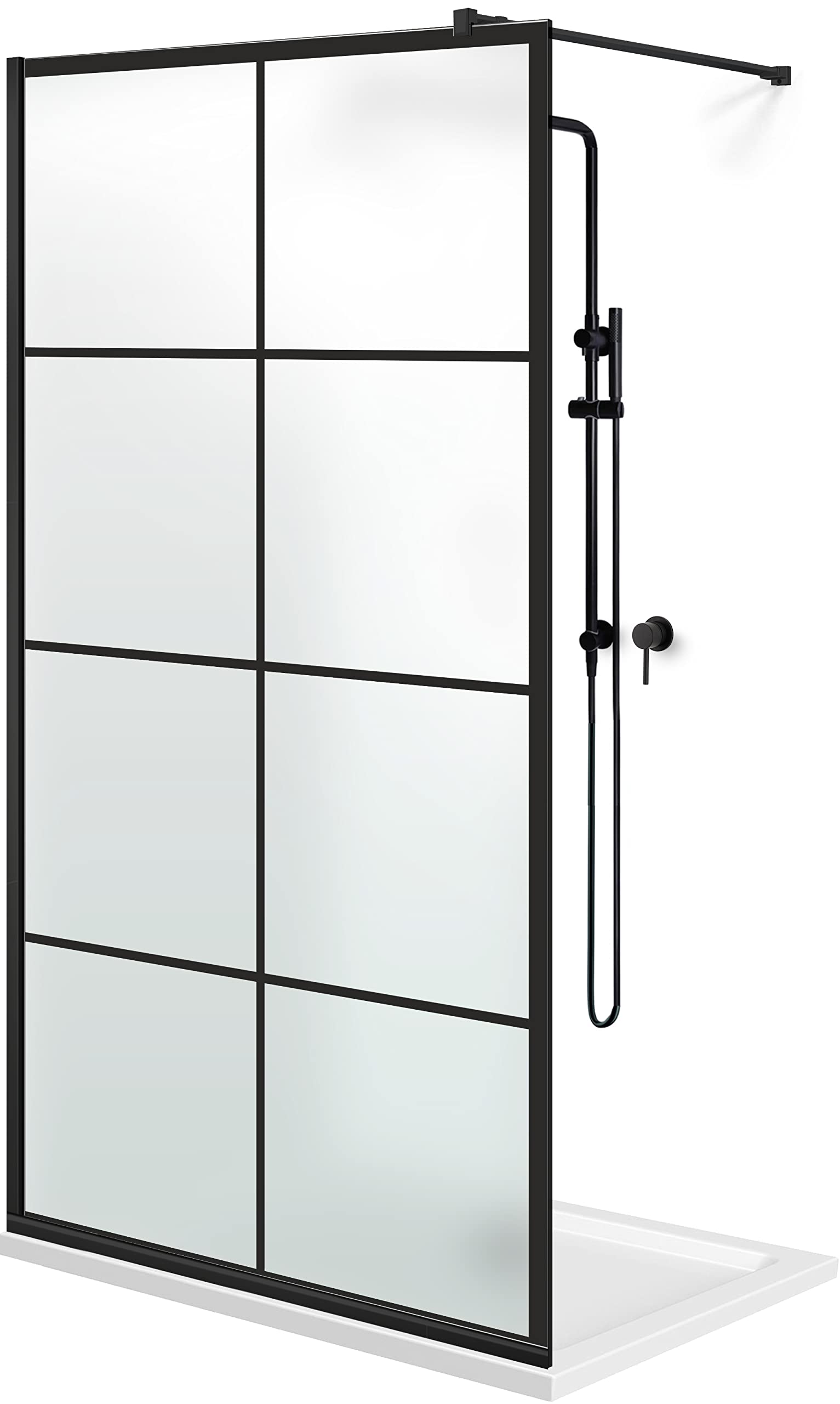 Aqua Roy Schwarz, Modell Mode Schwarz, Größe 100 cm ab 70/80/90/100/110/120, Walk in Duschwand Duschabtrennung 8 mm satiniertes Glas, mit NANO-beschichtetem sandgestrahltem Muster (100x195 cm)