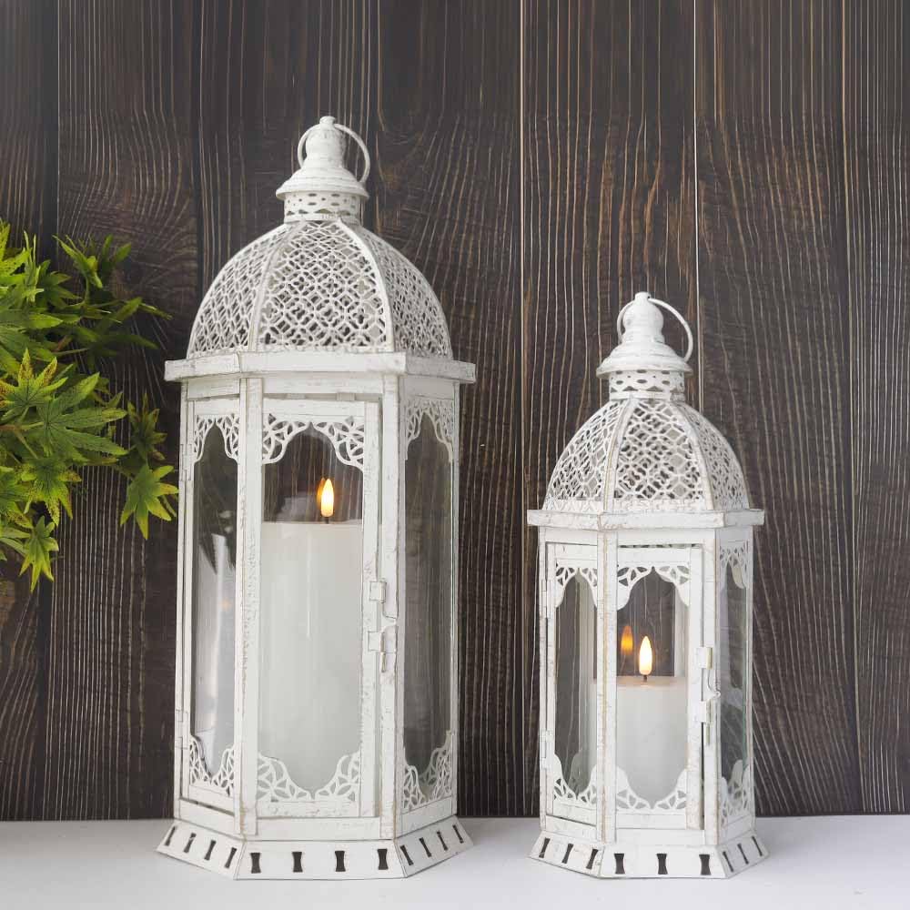 JHY DESIGN Set of 2 Large Decorative Candle Lanterns, 50cm & 38cm Outdoor Metal Glass Candle Holders, Vintage White Gold Tabletop & Hanging Lanterns for Garden Porch Patio Living Room Wedding Decor