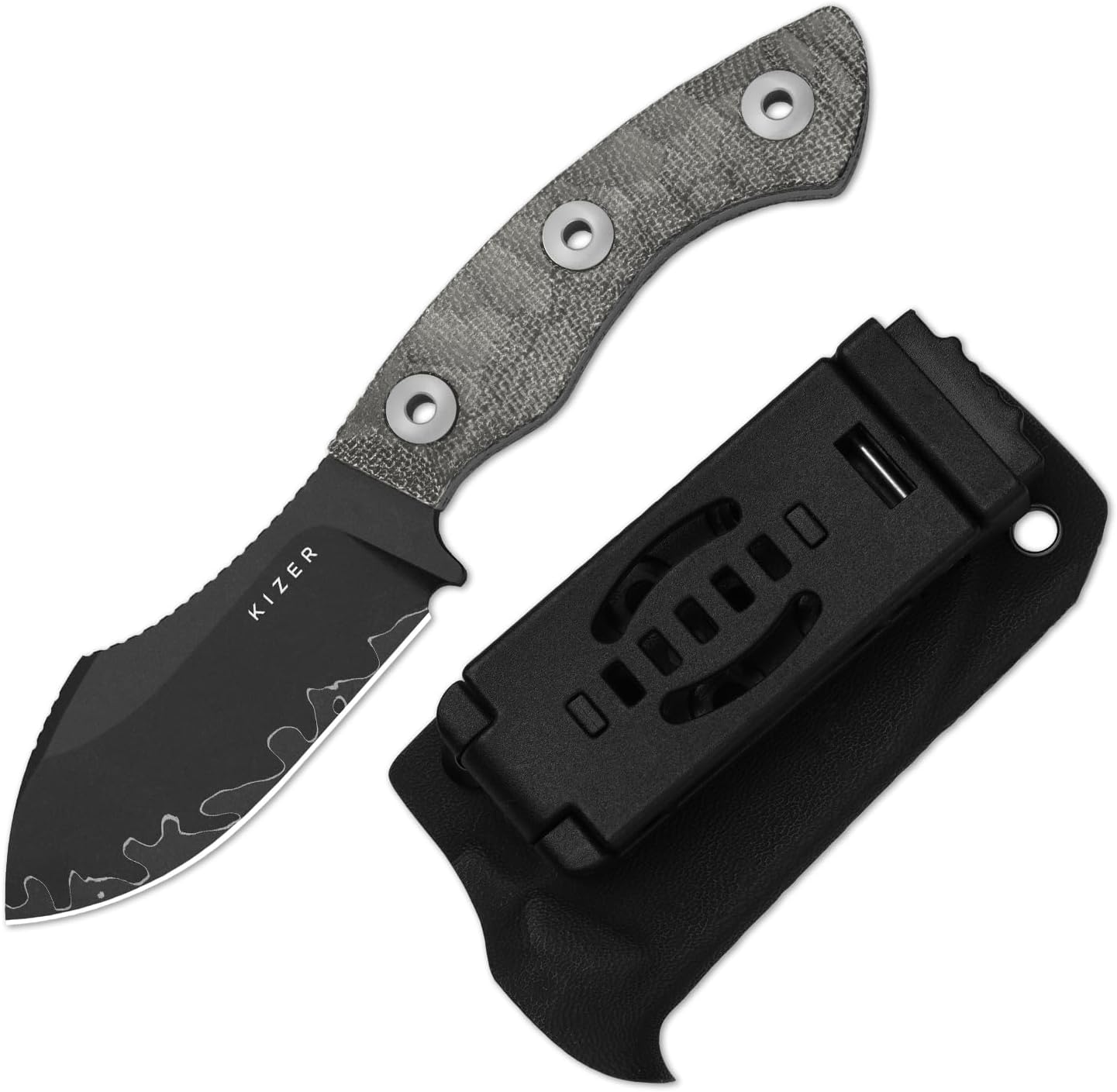 Kizer Rook Fixed Blade Knife, 3.11" Nessmuk-Style 3-Layer Steel Hunting Knives with Gray Norplex UltreX™ Micarta Handle, Bushcraft Knife with Sheath & TekLok for Camping Survival 1090A2