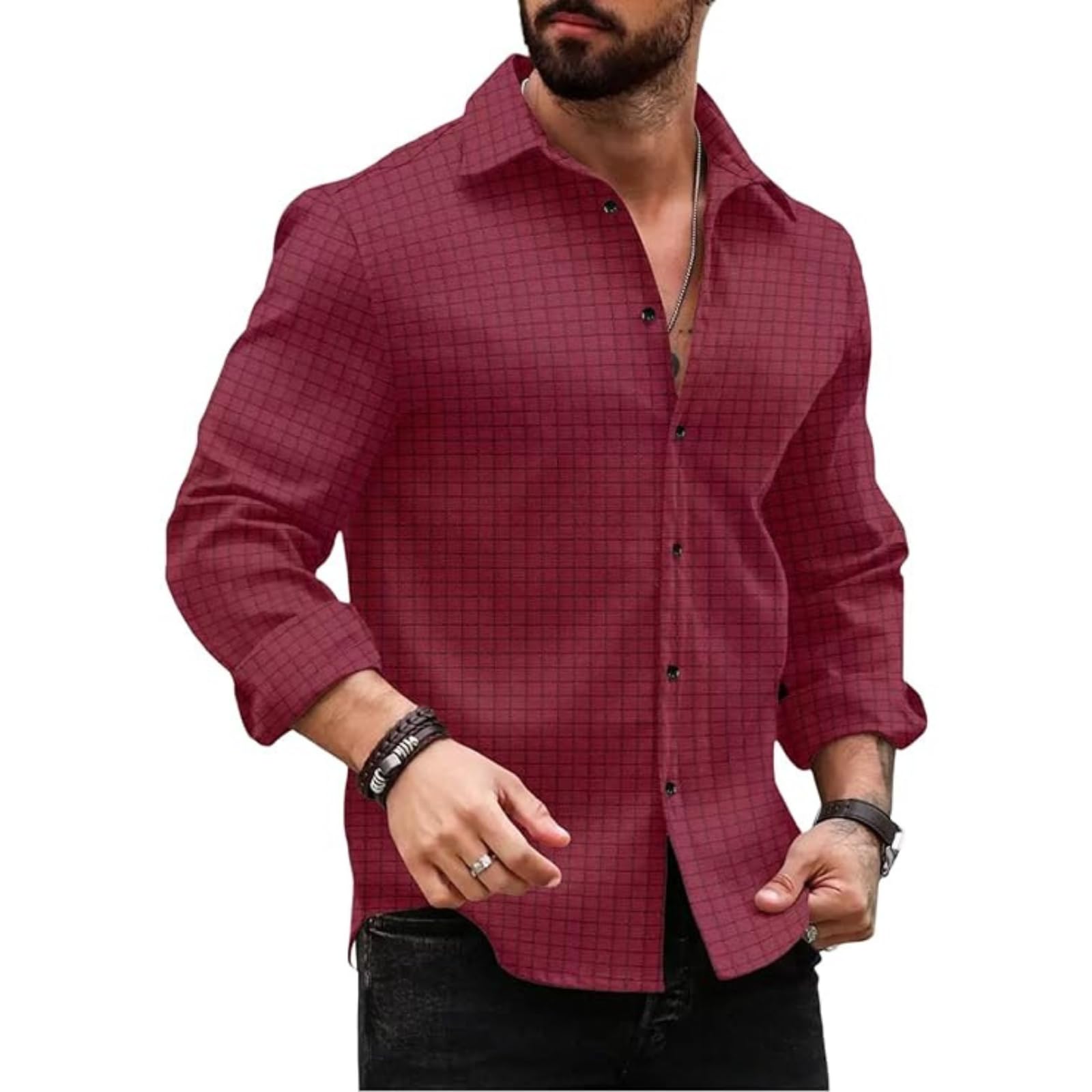 DEELMO Men's Regular Fit Button Down Dress Shirts Textured Long Sleeve Casual Hawaiian Shirt