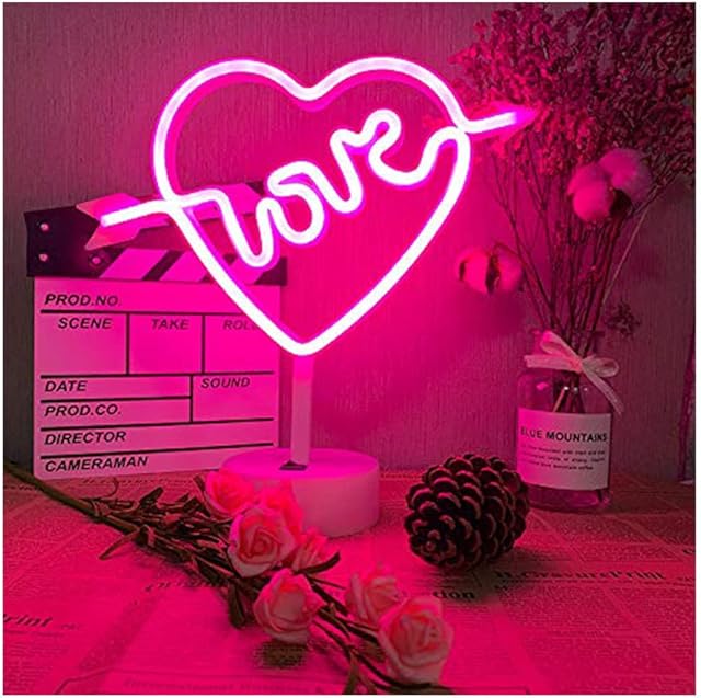 Love Neon Light Signs Night Light with Pedestal Cupid Heart Neon Light Room Decor Battery & USB Powered Pink Signs Neon Lamps Pink Light up Bedroom Living Room Wedding Party Christmas by ENUOLI