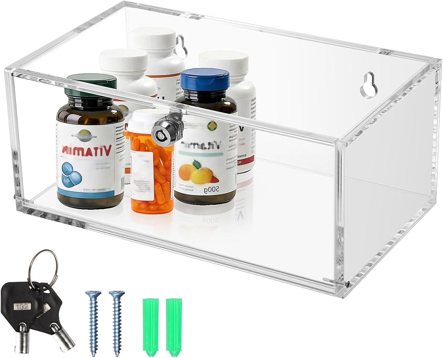 JUXYES Acrylic Clear Refrigerator Medicine Organizer Box with Lid and Lock for Wall and Tabletop - Transparent Medicine Storage Bin - Stackable Fridge Lockable Pill Container for Medical Supplies, S