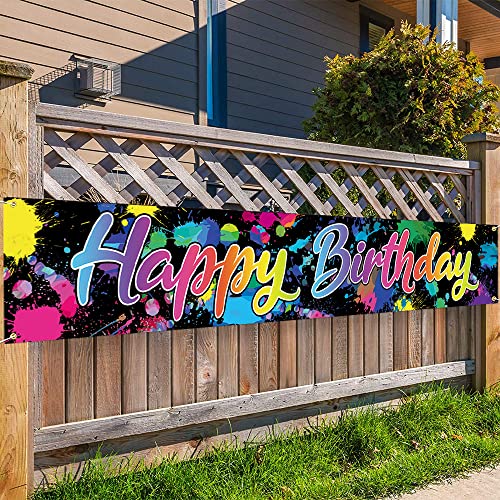 Large Happy Birthday Banner Colorful Neon Glow In The Dark Themed Birthday Party Decorations Let's Glow Birthday Banner Yard Sign Supplies Glow Party Photoshoot For Indoor Outdoor(118X20 Inch) #TOP2