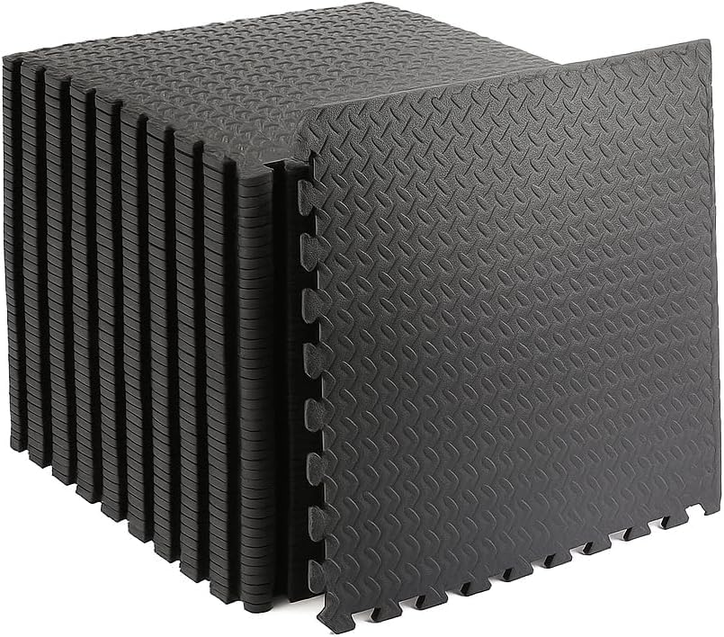 Interlocking EVA Foam Floor Mats – 60x60cm Soft Exercise Tiles for Gym, Home, Garage, Yoga, Kids Playroom – Protective, Non-Slip Puzzle Mats for Workouts & Weights (Black Leaf, 32 Mats (128sq.ft))