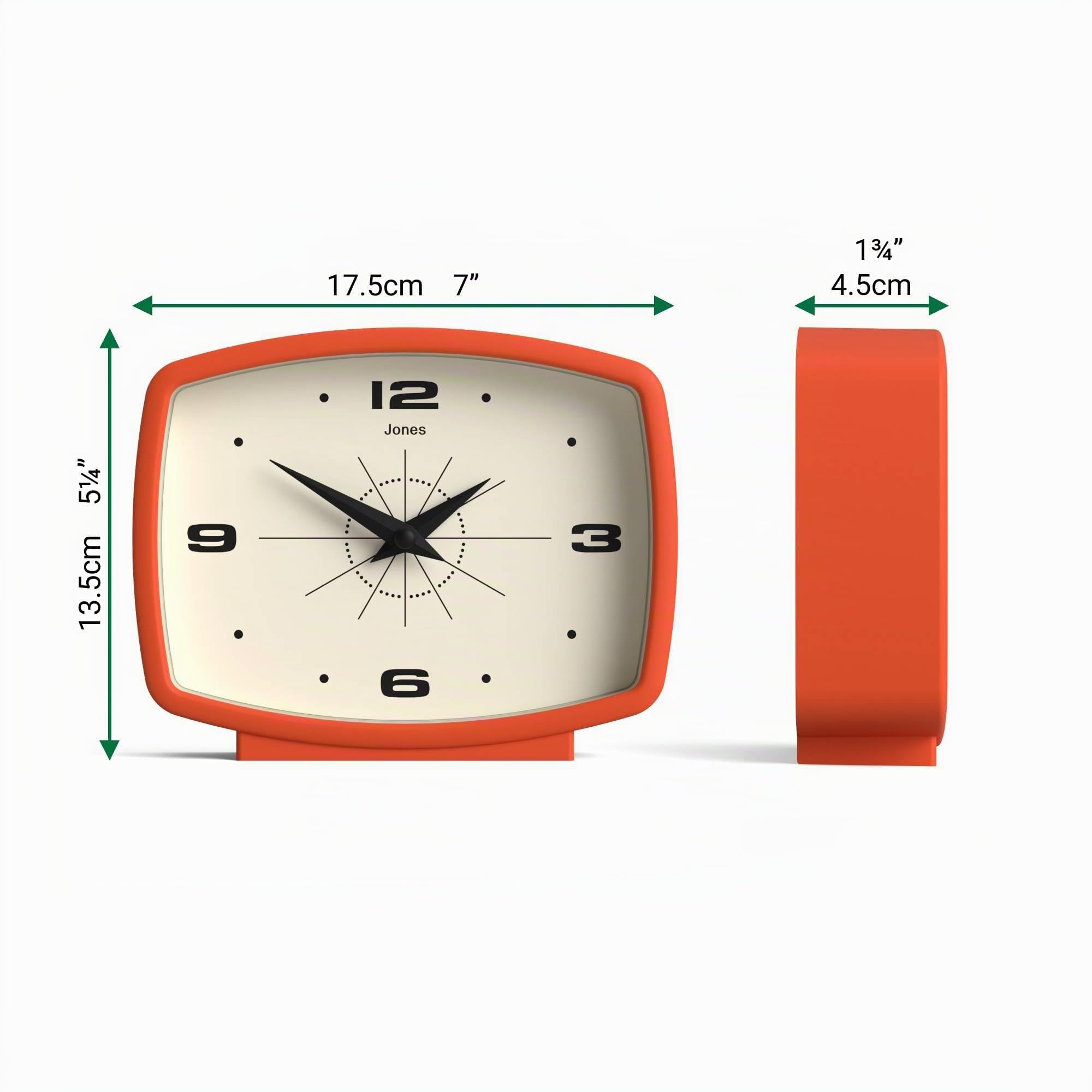 JONES CLOCKS® Film Schreibtischuhr | Retro-rechteckiges Design | Orange | Retro-Design, das mid-Century-Stil mit einem markanten modernen Finish für Regal, Tisch, kaminsims oder Bett verbindet