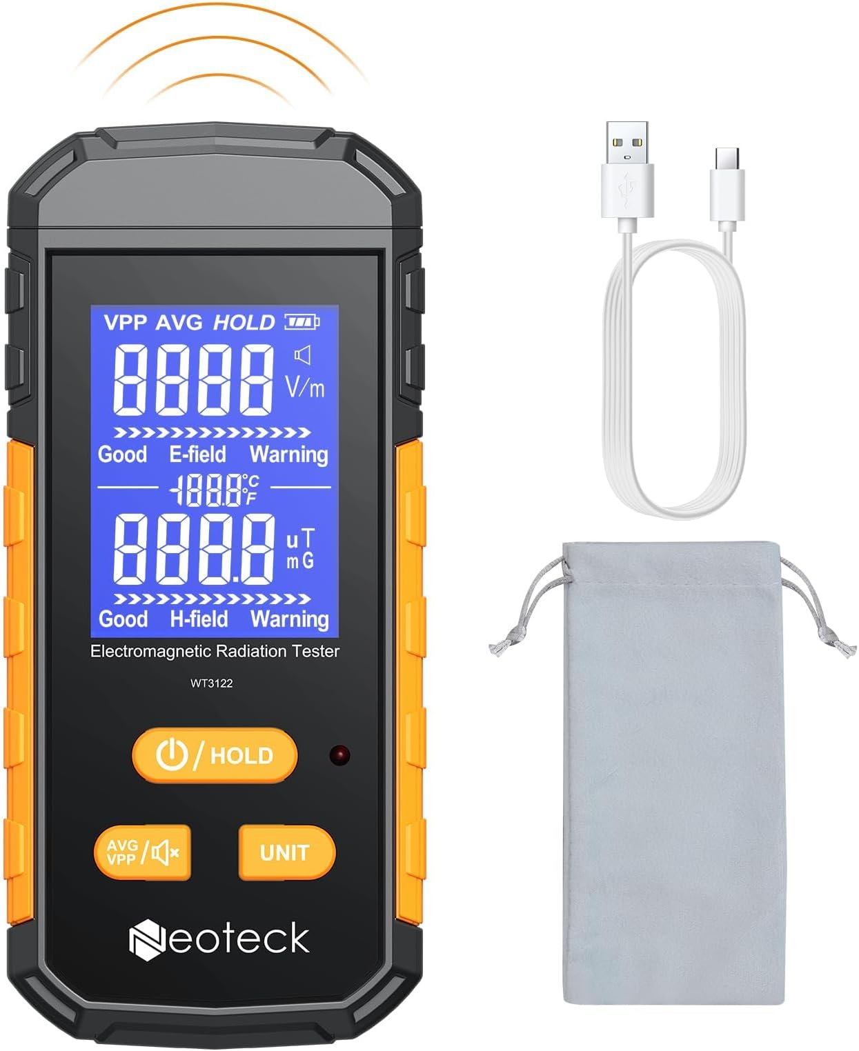 Neoteck 3-in-1 EMF Meter Portable Electromagnetic Radiation Detector Type C Rechargeable Backlit LCD Screen Audible Alarm Radiation Counter 1~1999V/m Electric Field 0.01~99.99ut Magnetic Field