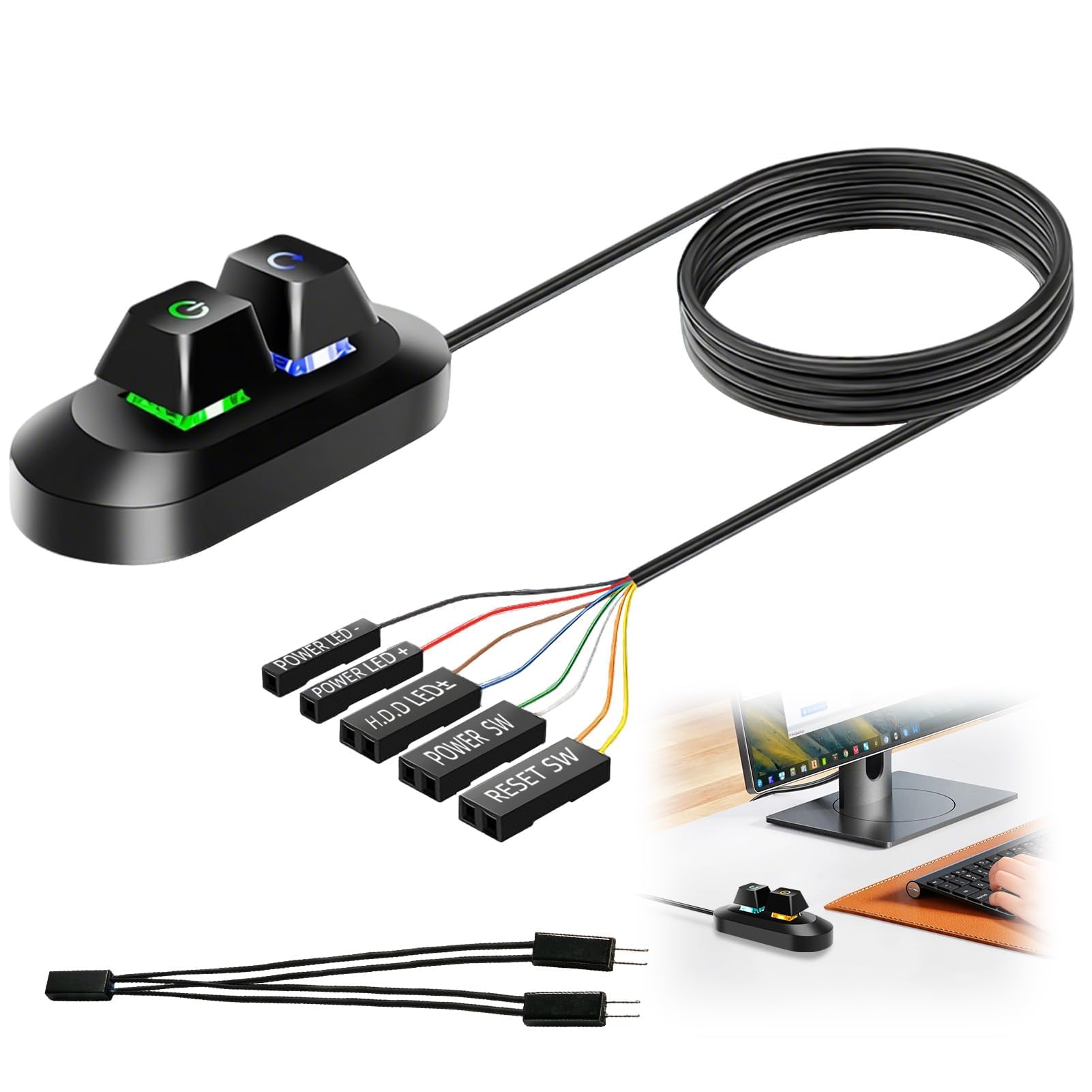 Desktop Computer External PC Power Button with RGB Light Multifunctional Computer Power Switch for Home Desktop E-Sports Internet Cafes Easy Start and Reset Control with Motherboard Cable 1.8M/5.9FT — view 7