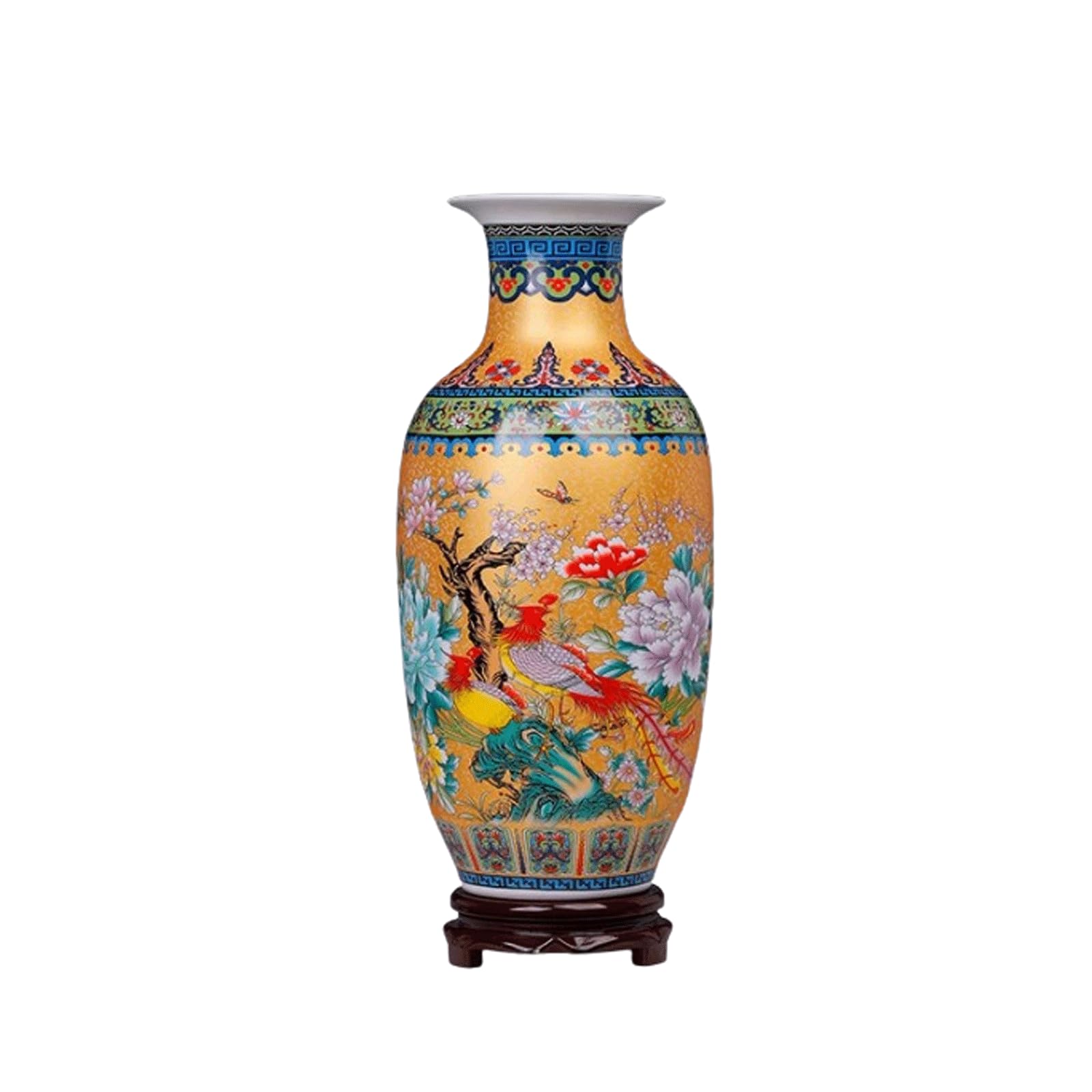 Vaso da Terra in Ceramica Jingdezhen Vaso da Fiori Decorativo in Stile Cinese Alto 38 cm con Base in Legno Vaso Classico in Porcellana Cinese retrò per la Decorazione del Soggiorno