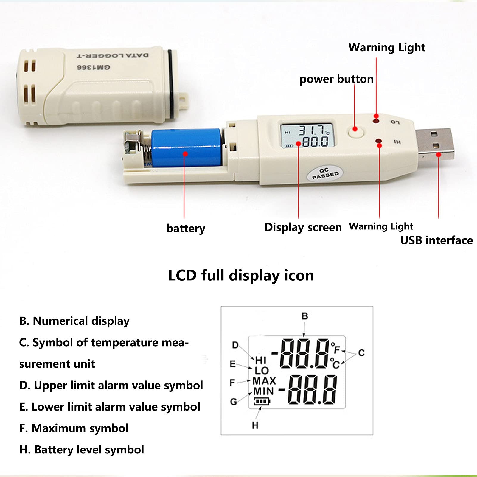 Termometr wewnętrzny, cyfrowy rejestrator temperatury i wilgotności USB Smart LED Rejestrator wilgotności środowiska wewnętrznego