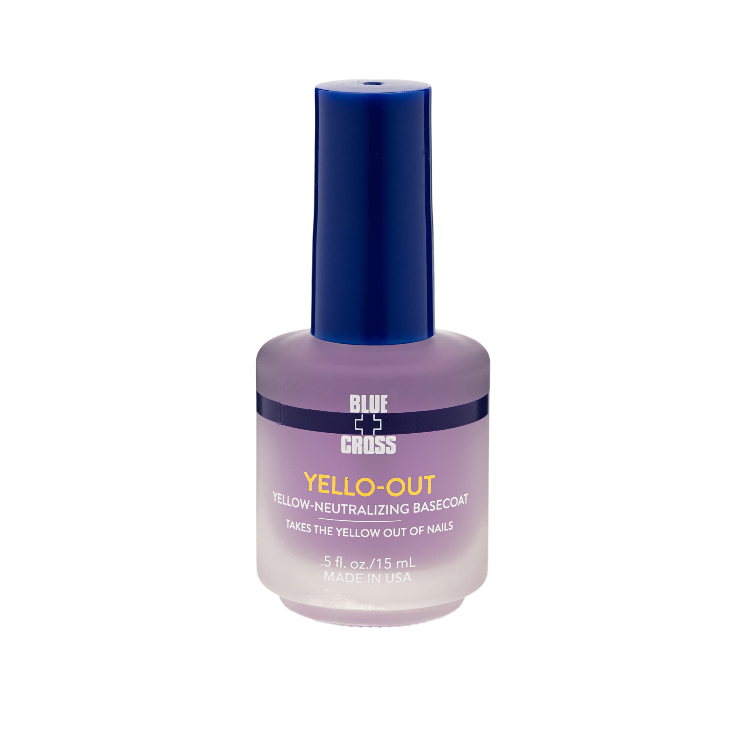 Blue Cross Yello Out, Yellow-Neutralizing Basecoat, Purple Toner for Yellow Nails + Fingernail Polish Color Enhancer, Professional Nail Care, Made in USA, 15mL/0.5fl oz