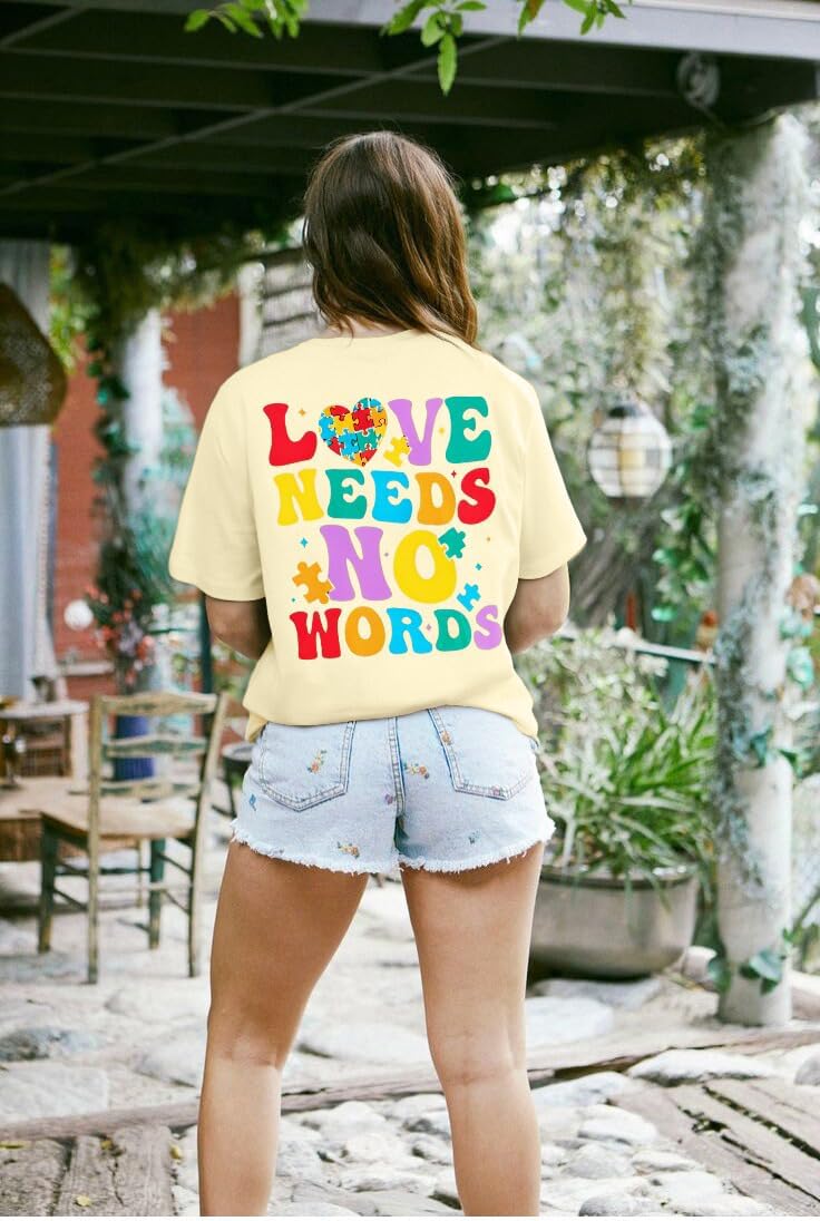 Autism Awareness Shirt Women Love Needs No Words Shirt Autism Special Education Love Heart Puzzle Piece Short Sleeve Tee - Image 3