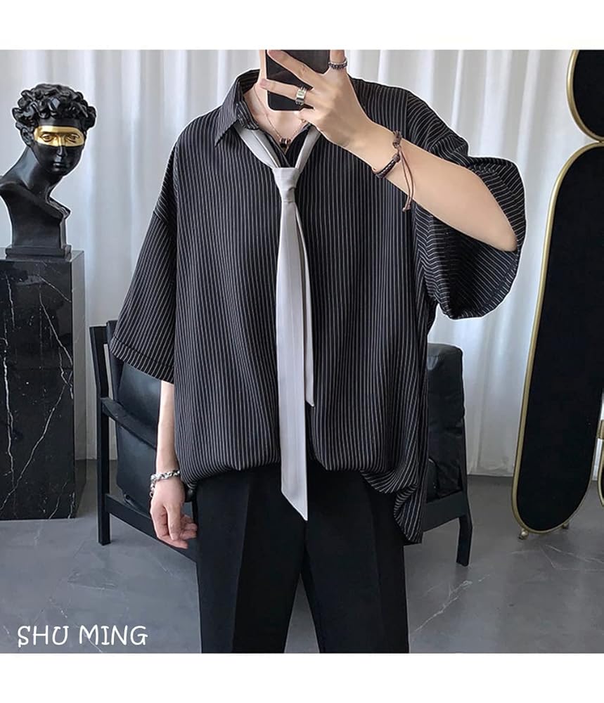 メンズ ネクタイ付きシャツ ストライプシャツ タグ セットx7312 Amazon.co.jp: [SHUMING]ストライプシャツ 半袖 メンズ