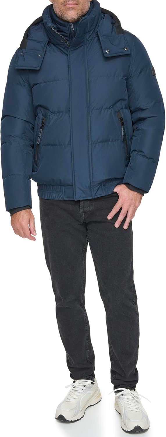 Andrew Marc Men's Short Quilted Inner Bib Attached Down Fill Phoenix Down Bomber Hybrid