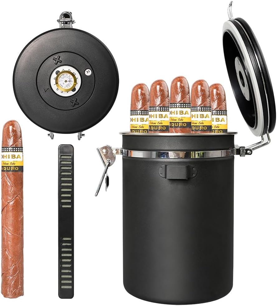 Heysong Black Stainless Steel Cigar Humidor Moisturizing Jar with Humidifier and Spanish Cedar Rolls,humidor That can Hold 12-15 Cigar