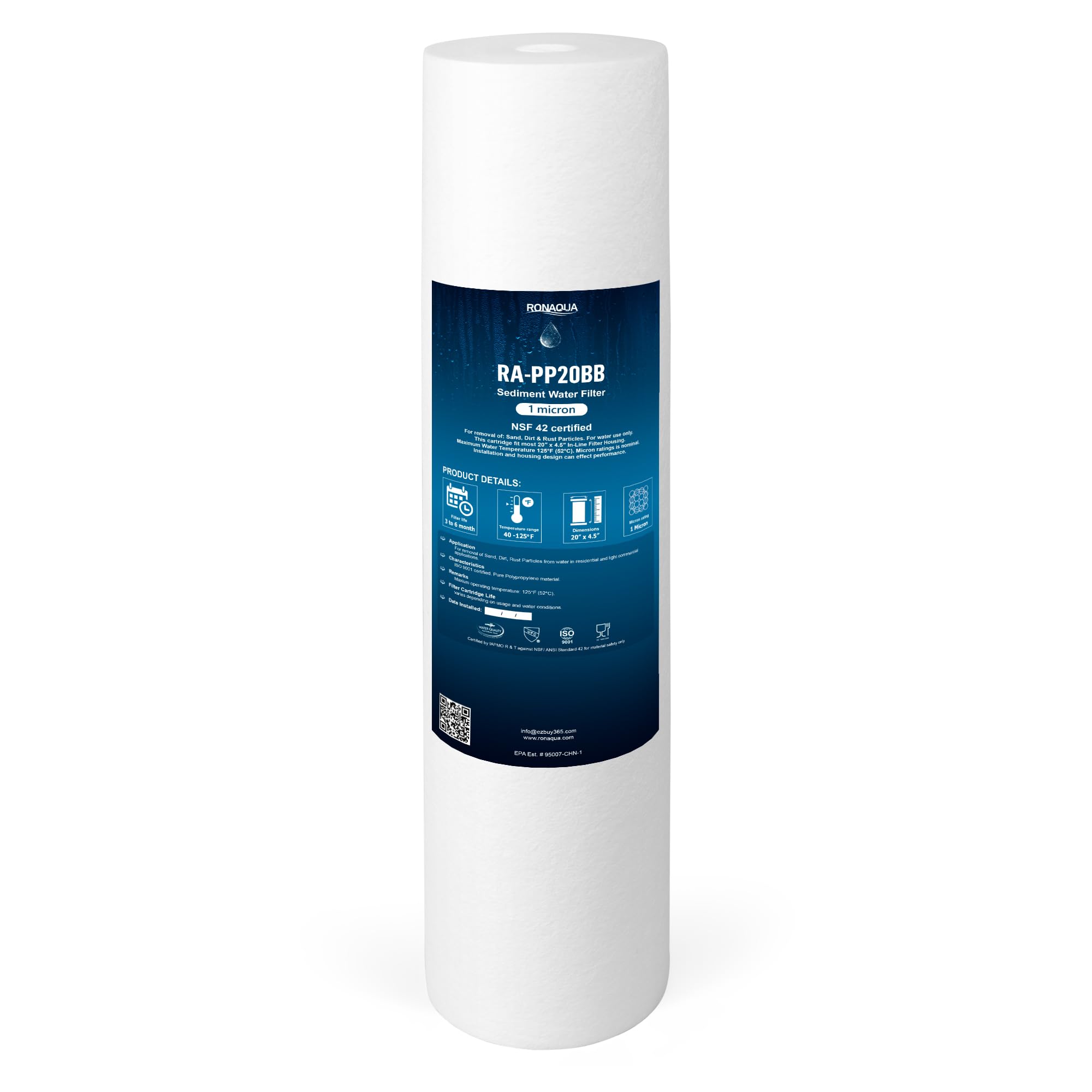 Ronaqua 20" x 4.5" Big Sediment Replacement Water Filter Cartridge, 1 Micron, NSF Certified, for Whole House, Compatible with 155358-43, 2PP20BB1M, AP810-2, FPMB-BB5-20, P5-20BB, SDC-45-2005