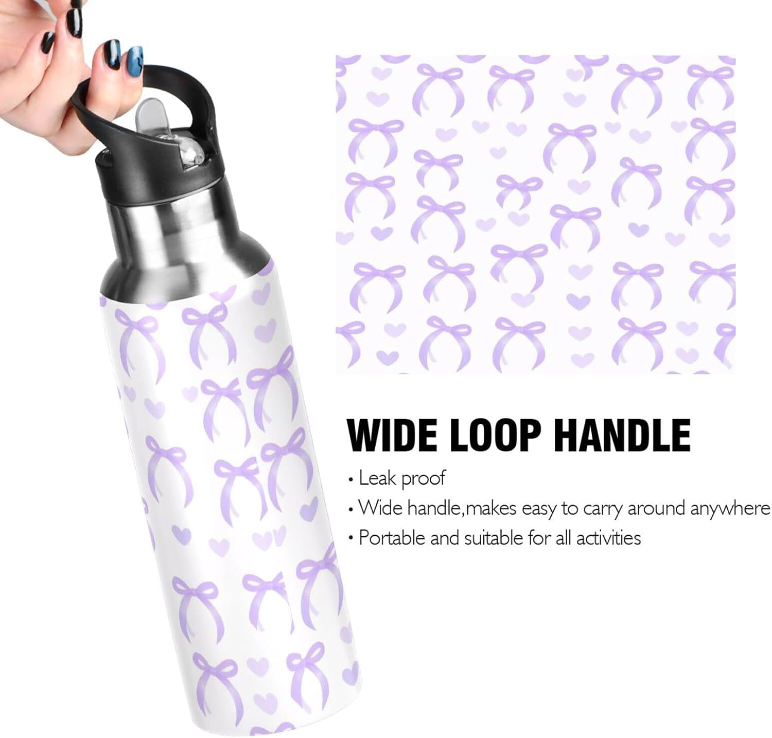 32 oz Purple Bow Love Stainless Steel Water Bottle with Straw and Wide Handle, BPA-Free Insulated Sports Water Bottle for Fitness, Work and Outdoor