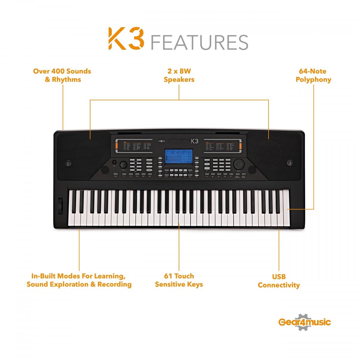 K3 Keyboard mit 61 Tasten von Gear4music, Bundle mit Kopfhörer | 61 anschlagdynamische Tasten mit 64-facher Polyphonie, über 400 Stimmen und 200 Rhythmen, Aufnahme, 8W-Lautsprecher