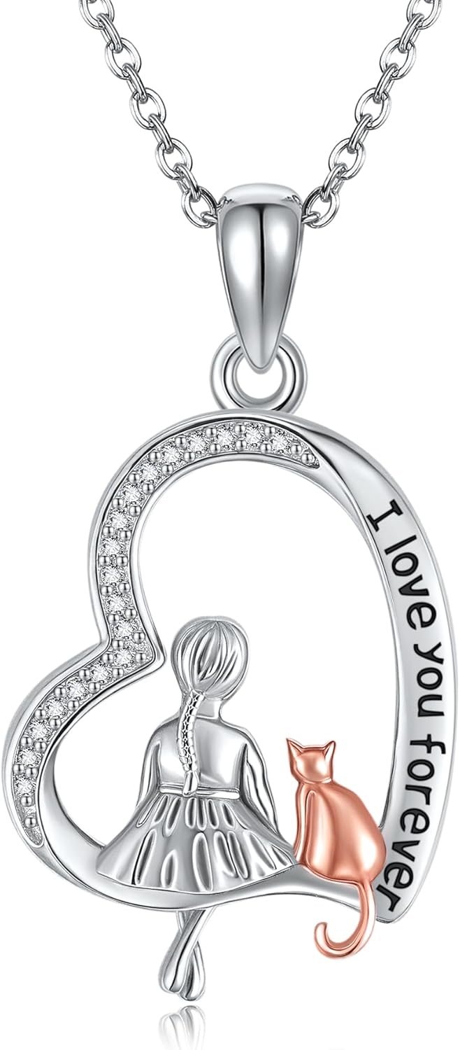 SNOWELLE Cat Necklace 925 Sterling Silver Cat and Women Pendant Heart Animal Jeweley Gift for Women Animal Lovers
