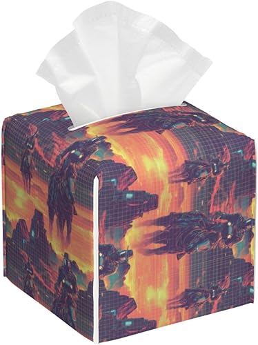 Leather Tissue Box Cover Square - Cyber Retro Western Cowboy Print Tissue Box Holder Paper Case, Organizer Dispenser for Modern Home &